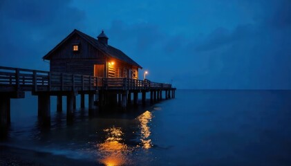 Obraz premium A charming pier light illuminates the night, casting a warm glow on the wooden structure and the calm water below Perfect for coastal, nautical, and seaside themes , dusk, illumination, wooden