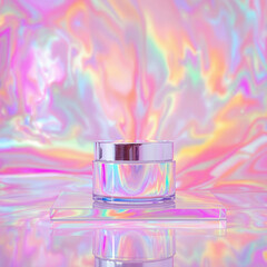 Iridescent Cosmetic Jar on Acrylic Board Against Vibrant  background
