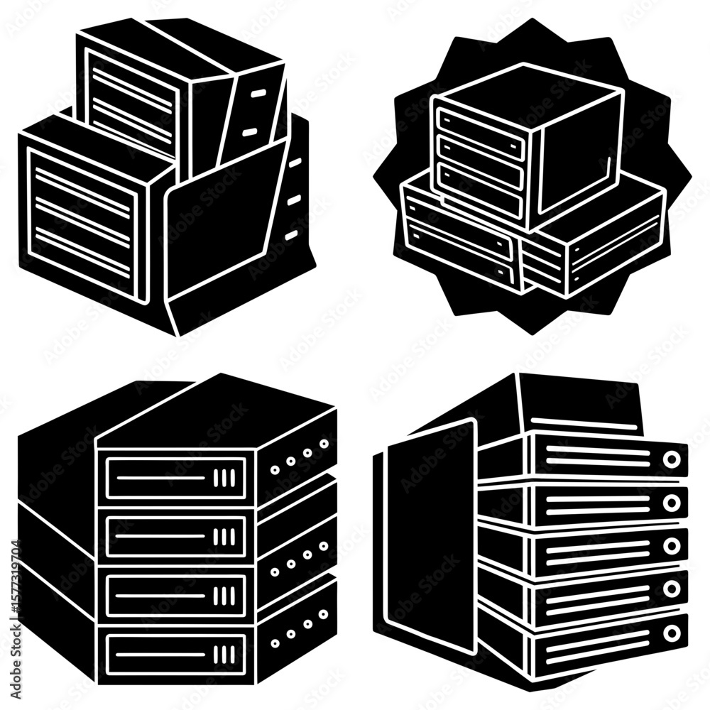 Poster four server icons showing different arrangements of data storage and processing units in black and w