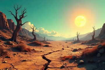 A desolate, sun-bleached landscape stretches to a cracked horizon, broken only by skeletal trees and crumbling structures; a post-apocalyptic vista , decay, color