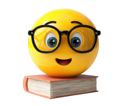 A cheerful yellow emoji wearing glasses sits atop a book, radiating intelligence and happiness, isolated on transparent background