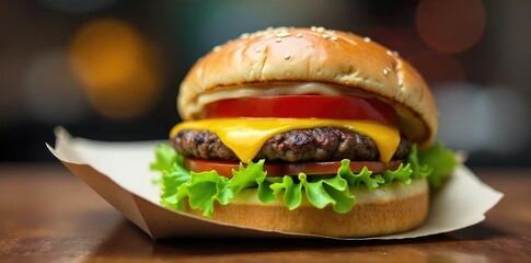 A juicy cheeseburger in a takeout container, ready to eat Fresh lettuce, tomato, and melted cheese are visible Perfect for a quick and satisfying meal on the go , cheese, street food