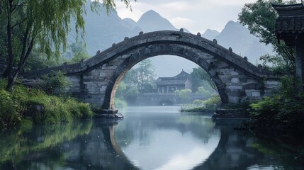Fototapeta premium Tranquil stone arch bridge over a calm mountain stream.