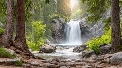 Fototapeta premium Majestic Waterfall Amidst Forest's Embrace: Witness the raw power and timeless beauty of nature as a cascading waterfall plunges into a tranquil pool, cradled by the verdant embrace of a lush forest.