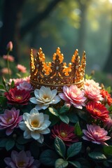 A majestic golden crown rests upon a lush bed of flowers, symbolizing regal beauty and divine power Perfect for fantasy, mythology, and spiritual themes , regal, power