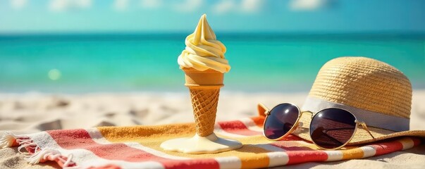 A melting ice cream cone drips down a sun-baked beach towel, next to a pair of sunglasses and a floppy hat The ultimate summer bummer, hilariously depicted!, humor, carefree, ocean