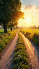 A picturesque country road stretches into the distance on a brilliantly sunny day, bathed in warm golden light Perfect for travel, vacation, or summer themes , pathway, grass