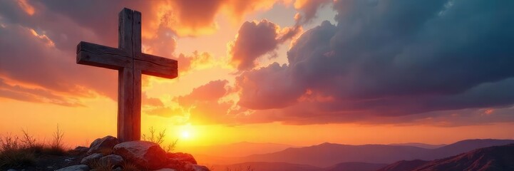 A rustic wooden cross stands against a dramatic sunset, signifying faith, hope, and redemption The peaceful scene evokes spiritual reflection and tranquility , texture, church, nature
