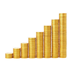Stacks of gold coins arranged in a rising bar graph isolated on transparent background isolated on white background