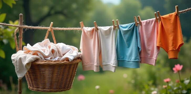 A rustic clothesline laundry basket overflowing with freshly laundered clothes, ready to be hung Perfect for spring cleaning, home organization, and laundry room aesthetics , summer, color, white