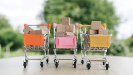 Three mini shopping carts filled with wooden blocks. symbolizing financial planning, budgeting,...