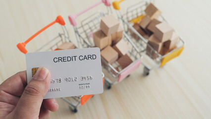 Hand holding a credit card with mini shopping carts full of boxes in the background, representing...