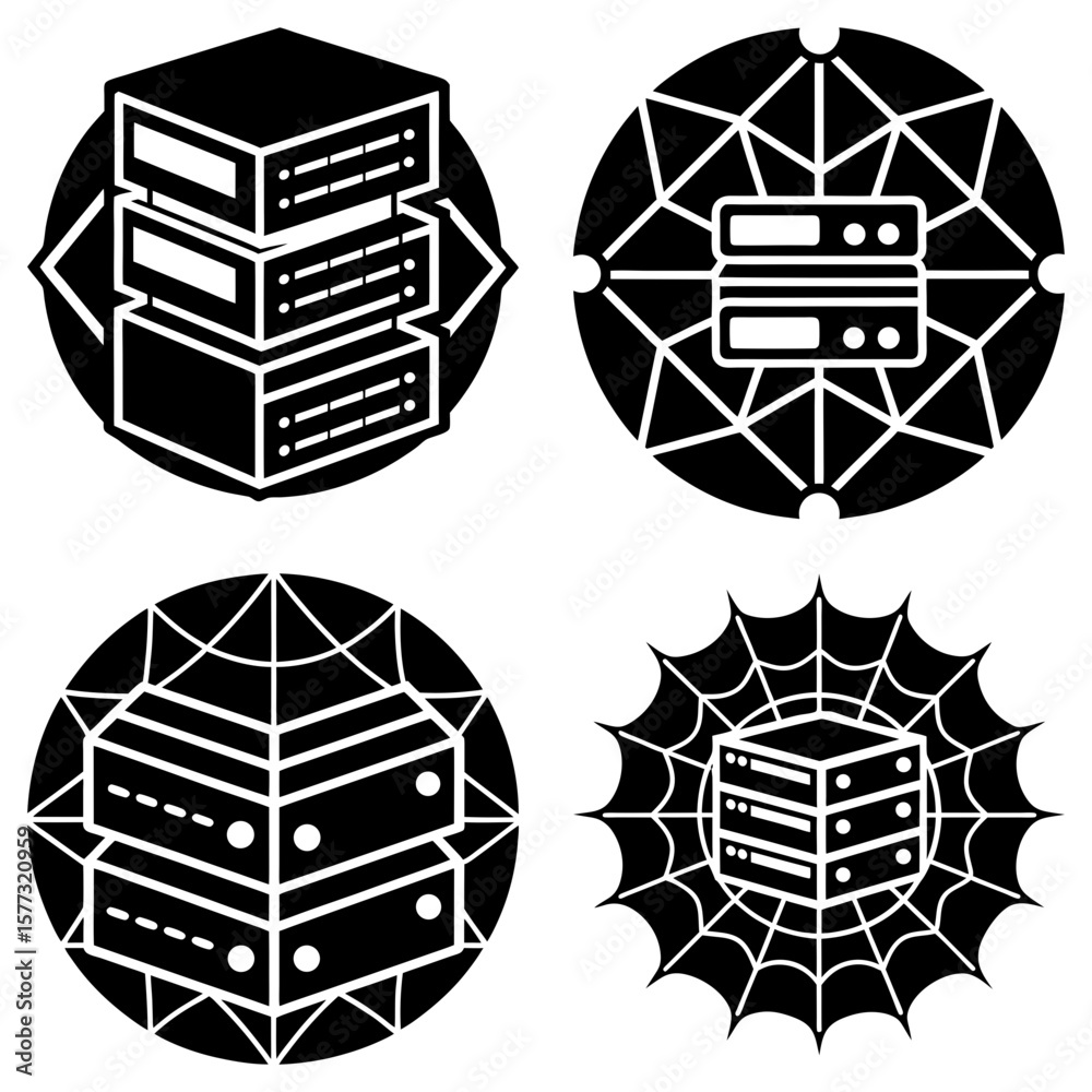 Poster four server icons in black circles with network and spiderweb designs surrounding the servers in eac