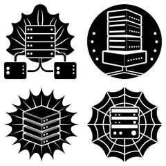 Naklejka premium Four server icons in black and white with different backgrounds and server configurations shown here