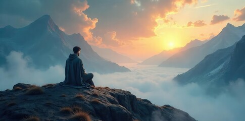 A solitary figure sits amidst a vast, ethereal landscape, contemplating life's mysteries A sense of peaceful solitude pervades the scene, hinting at a deep spiritual journey , tranquility, enigma