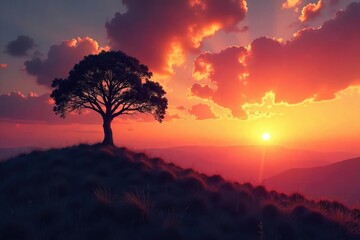 A solitary tree stands on a windswept hilltop, silhouetted against a dramatic sunset The scene evokes feelings of isolation, peace, and the beauty of solitude in nature , dramatic, view