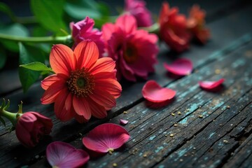 A somber arrangement of wilting flowers, petals scattered on aged wood, signifying the end of life's bloom Perfect for themes of loss, remembrance, and the fleeting nature of beauty , somber, death
