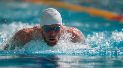 Focused male swimmer in pool wearing cap and goggles during race