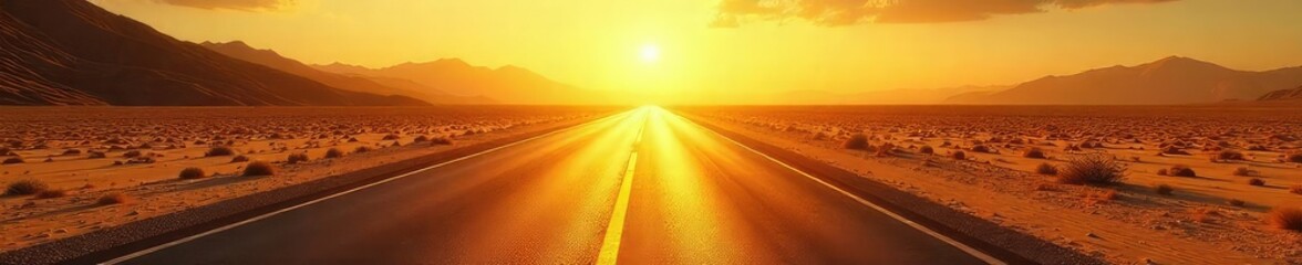 A sun-drenched golden highway stretches into the distance, shimmering under the heat Asphalt, desert landscape, endless journey, adventure awaits, open road freedom , travel, rays