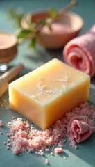 Close-up of a bar of luxurious soap, surrounded by soft, fluffy towels and aromatic bath salts; creating a tranquil spa-like atmosphere, perfect for relaxation and self-care , soothing, me-time