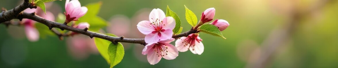 Obraz premium Close-up of a blossoming branch, delicate pink flowers and vibrant green leaves, symbolizing healing and renewal Perfect for health, wellness, and spring themes , outdoors, tranquility, clean
