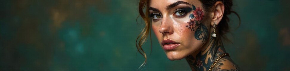 Close-up of a stylishly dressed figure with intricate tattoos and a strong gaze, exuding both toughness and beauty A juxtaposition of urban grit and refined aesthetics , style, cool, street style