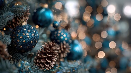 blue Christmas tree decorations and pine cones on the branches of an evergreen, with bokeh lights