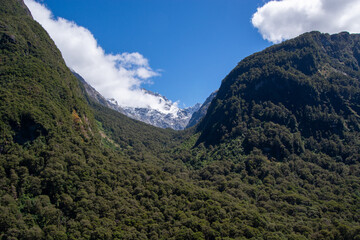 Fototapeta premium Lush Green Valley with Snow-Capped Peaks