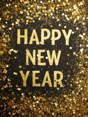 Gold glitter confetti background with text "HAPPY NEW YEAR"