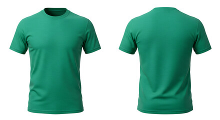 Front and back view of a green tshirt isolated on a white background