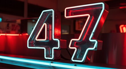 A vibrant neon sign showcases the number forty seven in red and white, creating a retro and glowing effect.