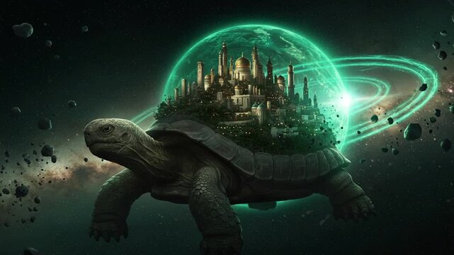 Cosmic turtle carrying a city on its back in space