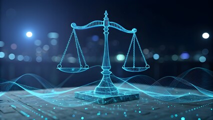 Digital scales of justice wireframe with futuristic blue light and cityscape background