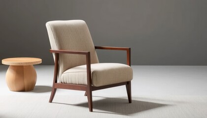 Fototapeta premium Modern armchair and side table in a minimalist and neutral interior design setting