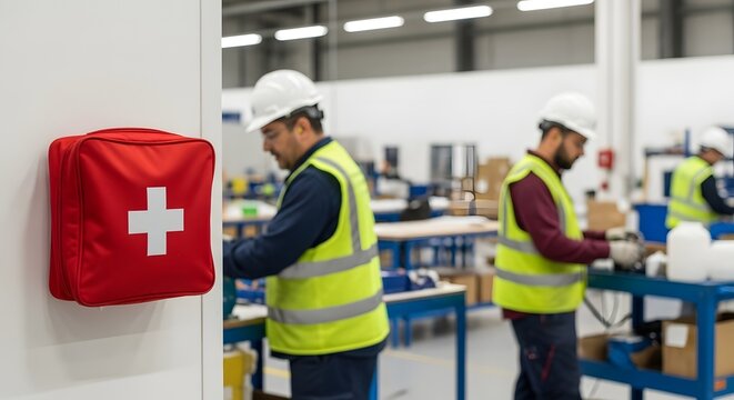 First aid kit on a factory wall with workers in safety vests as a reminder of occupational health and safety precautions - Powered by Adobe