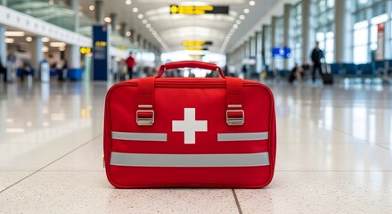 Red first aid kit bag lies on the floor in a modern airport terminal, ready for emergencies and medical assistance for travelers.