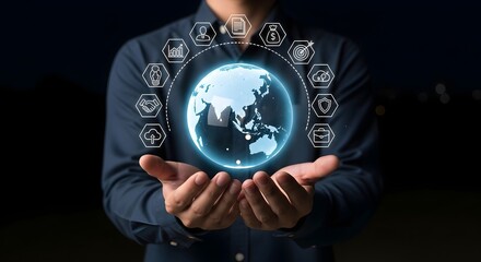 Global networking presented with a digital earth in the hands, showing global business and international partnerships for financial growth.