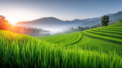 Obraz premium Terraced Rice Fields at Sunrise: A breathtaking vista unfolds as sunlight kisses the emerald terraced rice fields, where the fresh greenery cascade down the rolling hills.