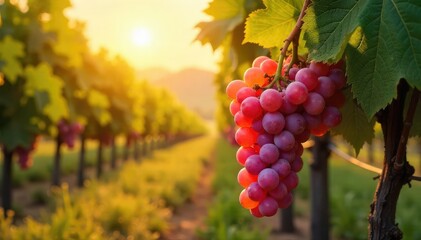 Sun-drenched bunches of ripe grapes hang heavy on the vine, ready for harvest A picturesque scene of autumn abundance in a vineyard Golden light bathes the landscape , farming, grapes, grapes