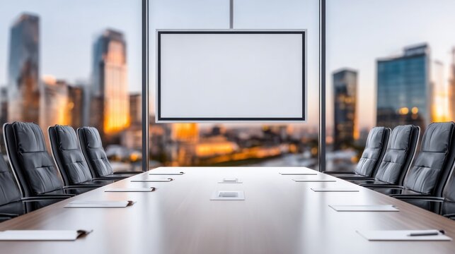 Boardroom Dynamics: A modern boardroom with a cityscape backdrop, featuring a table and chairs arranged for collaboration, embodying leadership and decision-making. 
