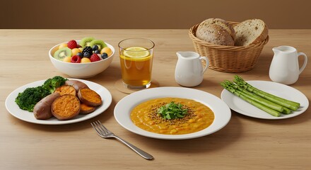 A healthy and balanced meal arrangement featuring various fruits, vegetables, and bread.