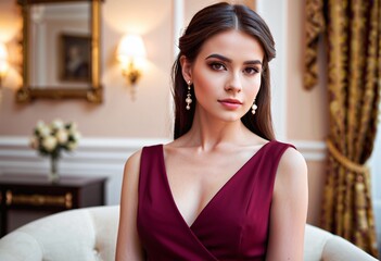 Naklejka premium Portrait of a young woman in a luxurious house with copy space