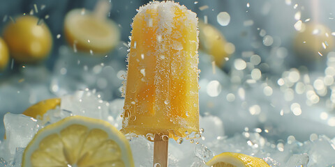 Lemon Ice Pop with Water Droplets on Ice and Lemon Slices

