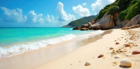 Sun-kissed sand, turquoise waves gently caress the shore, seashells scattered along the tideline A tranquil scene of coastal paradise, untouched beauty , beautiful, peaceful