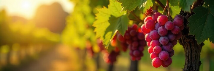 Sunlight streams through leaves onto ripe bunches of red grapes hanging heavy on the vine, ready for harvest A picturesque autumn vineyard scene , light, vineyard