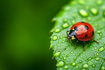 Close-Up of a Vibrant Red Ladybug on a Raindrop-Laden Green Leaf