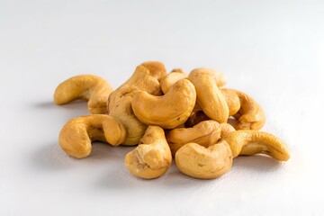 Cashew nuts on white surface with soft lighting, showcasing their golden-brown, fresh appearance.