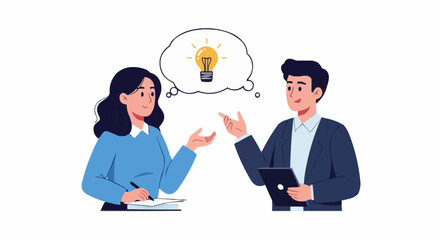 Team Discussion and Idea Concept – Flat Vector Illustration of Woman and Man Thinking, Problem Solving, and Making Decisions Together