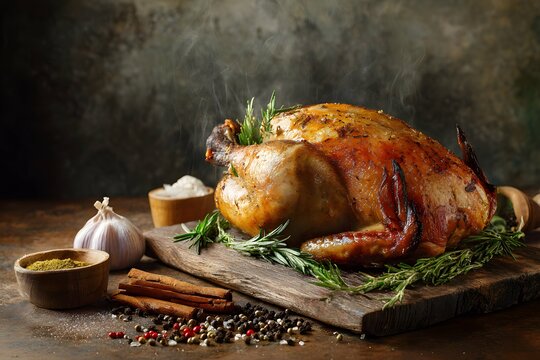 Juicy capon whispers savory warmth amid fresh herbs, evoking comfort and gourmet delight.