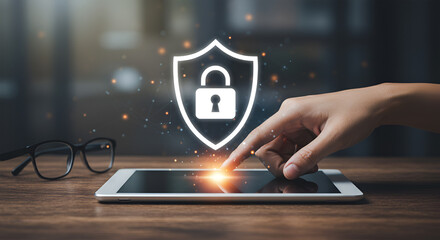 A person's finger interacting with a tablet, activating a security shield icon.